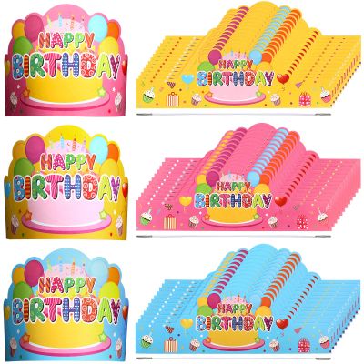 Yunsailing 36 Pcs Happy Birthday Crowns for Kids Paper Birthday Hat Crowns for Classroom Gifts Kids' Party(Pink, Yellow, Blue)