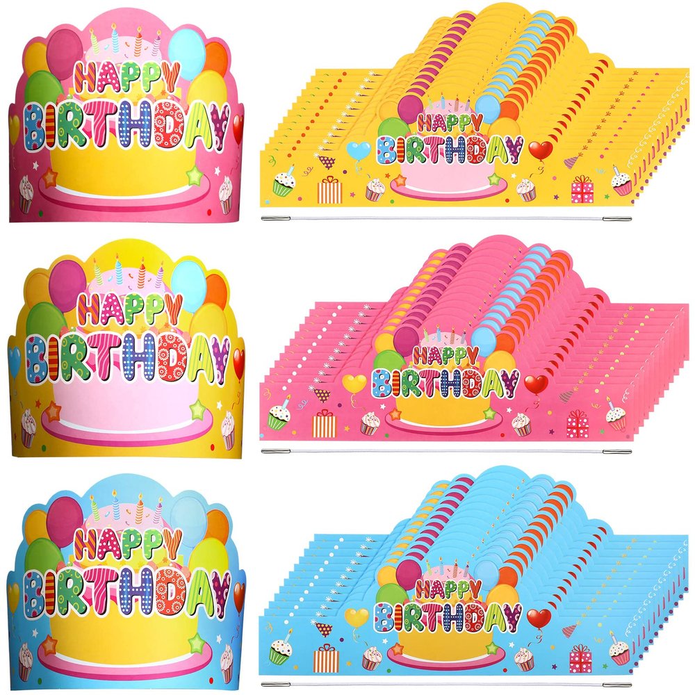 Yunsailing 36 Pcs Happy Birthday Crowns for Kids Paper Birthday Hat Crowns for Classroom Gifts Kids' Party(Pink, Yellow, Blue)