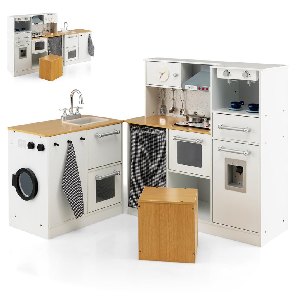 HONEY JOY Kids Kitchen Playset, 2-Piece Modular Wooden Corner Toy Kitchen Set/Washing Machine & Sink, Coffee Maker, Range Hood & Stove, Stool, Little Chef Pretend Play Kitchen for Toddlers, Natural