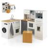 HONEY JOY Kids Kitchen Playset, 2-Piece Modular Wooden Corner Toy Kitchen Set/Washing Machine & Sink, Coffee Maker, Range Hood & Stove, Stool, Little Chef Pretend Play Kitchen for Toddlers, Natural view 1