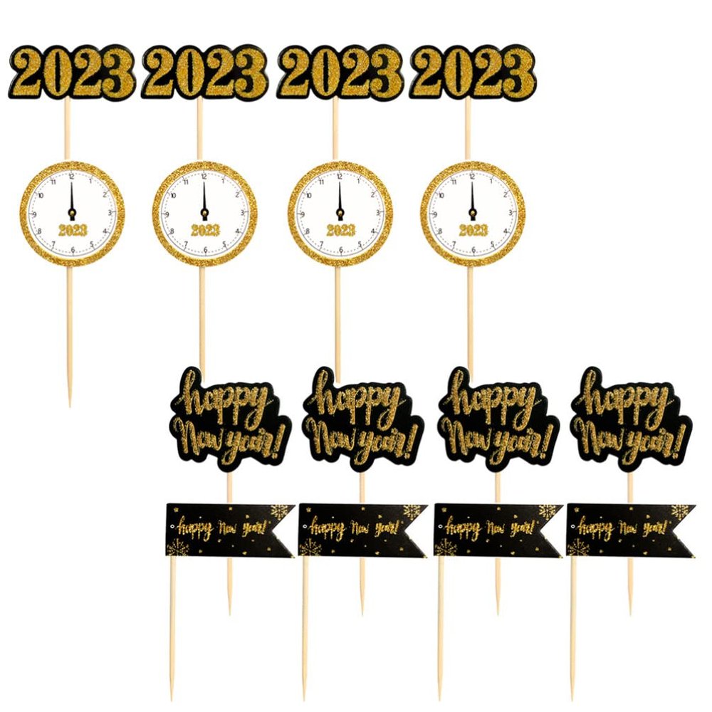 20pcs New Year's Cake Inserts Glitter New Year Cupcake Picks Sandwitch Stick Cake Pick Topper Glitter Cupcake Topper Salad Toppings New Year Party Cupcake Decors Props