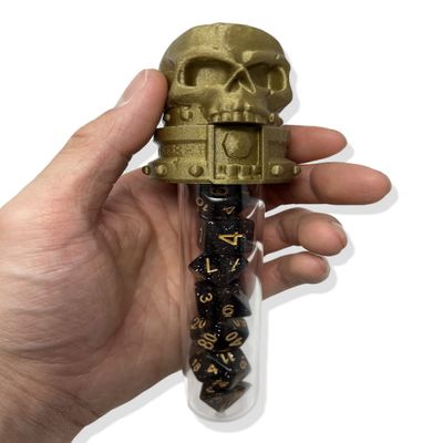 MunnyGrubbers - Skull Potion Vial Dice Holder - (Random 7PCS D20 Dice Set Included) - Dice Storage and Display - Tabletop RPG - DND - D&D - (Bronze)