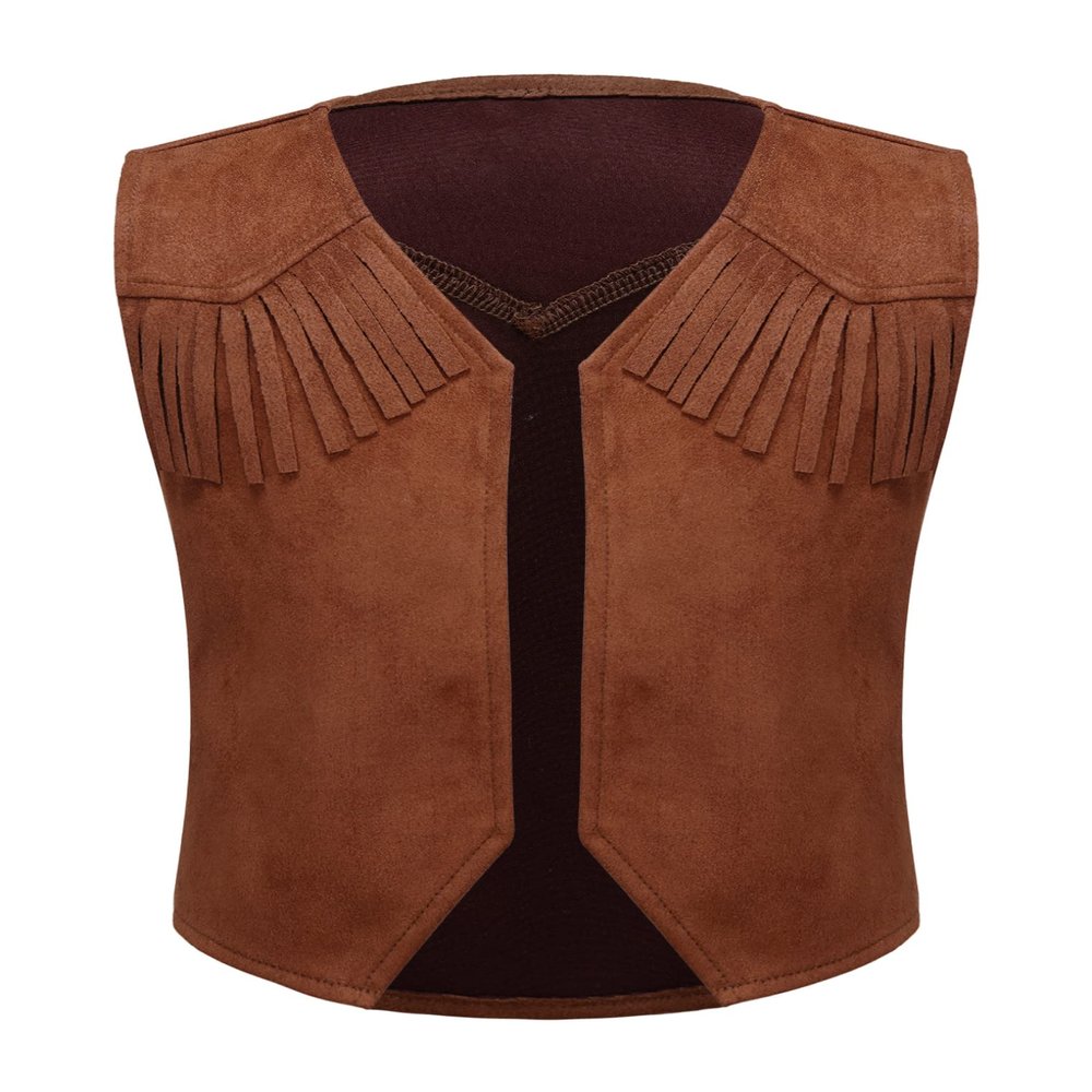 ACSUSS Western Cowboy Kids Costume for Kids Boys Girls Open Front Vest Fringe Party Role Play Dress Up Brown 12 Years