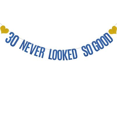 30 Never Looked So Good Banner, Pre-Strung, No Assembly Required, Blue Paper Glitter Party Decorations for 30th Birthday Party Supplies, Letters Blue,ABCpartyland