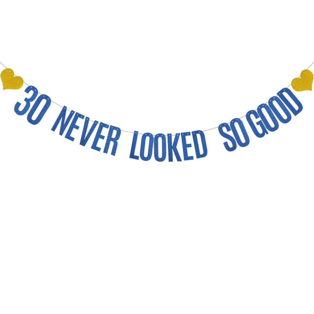 30 Never Looked So Good Banner, Pre-Strung, No Assembly Required, Blue Paper Glitter Party Decorations for 30th Birthday Party Supplies, Letters Blue,ABCpartyland