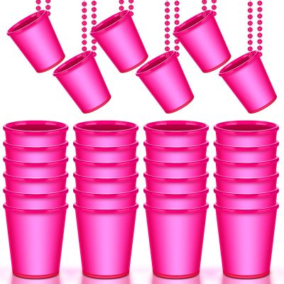 Sieral 24 Pcs Hot Pink Shot Glass Necklace Glow in the Dark Necklace Light up Party Glass Necklaces Cups for Valentine's Day Wedding Birthday Bachelorette Neon Glowing Party Favors