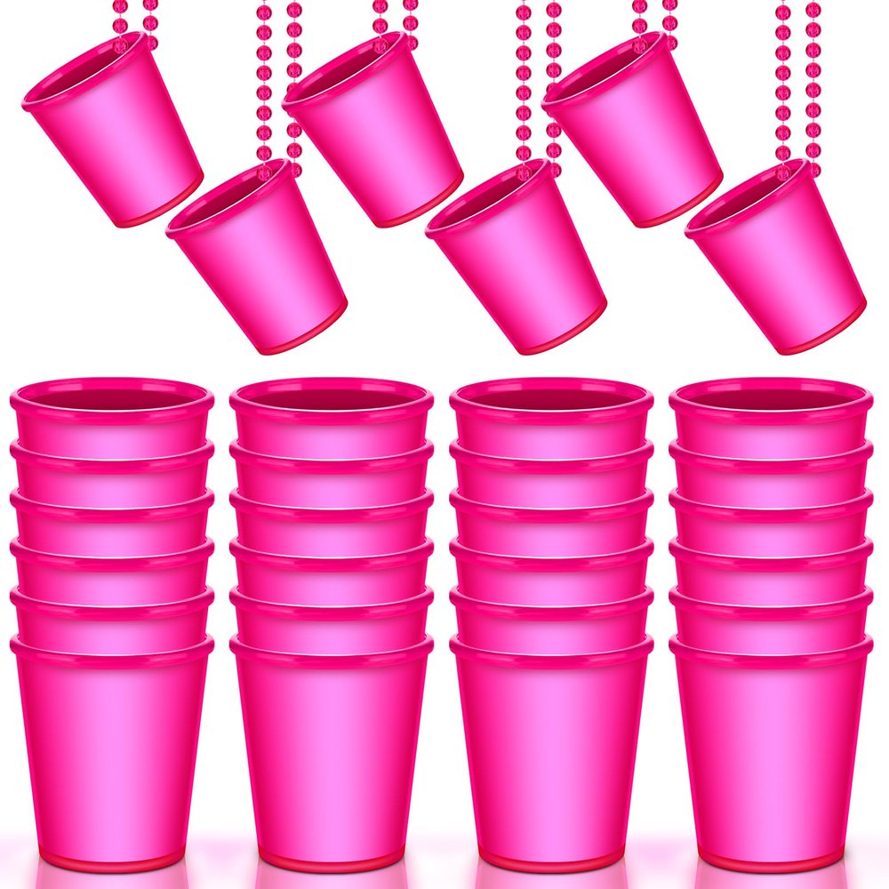 Sieral 24 Pcs Hot Pink Shot Glass Necklace Glow in the Dark Necklace Light up Party Glass Necklaces Cups for Valentine's Day Wedding Birthday Bachelorette Neon Glowing Party Favors