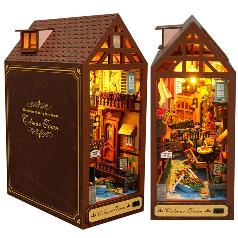 TOPBSFARNY 3D Wooden Book Stand Puzzle DIY Dollhouse Wood Bookends Book Nook Model Building Kit with LED Light for Teens and Adults to Build-Creativity Gift for Birthdays Christmas Halloween