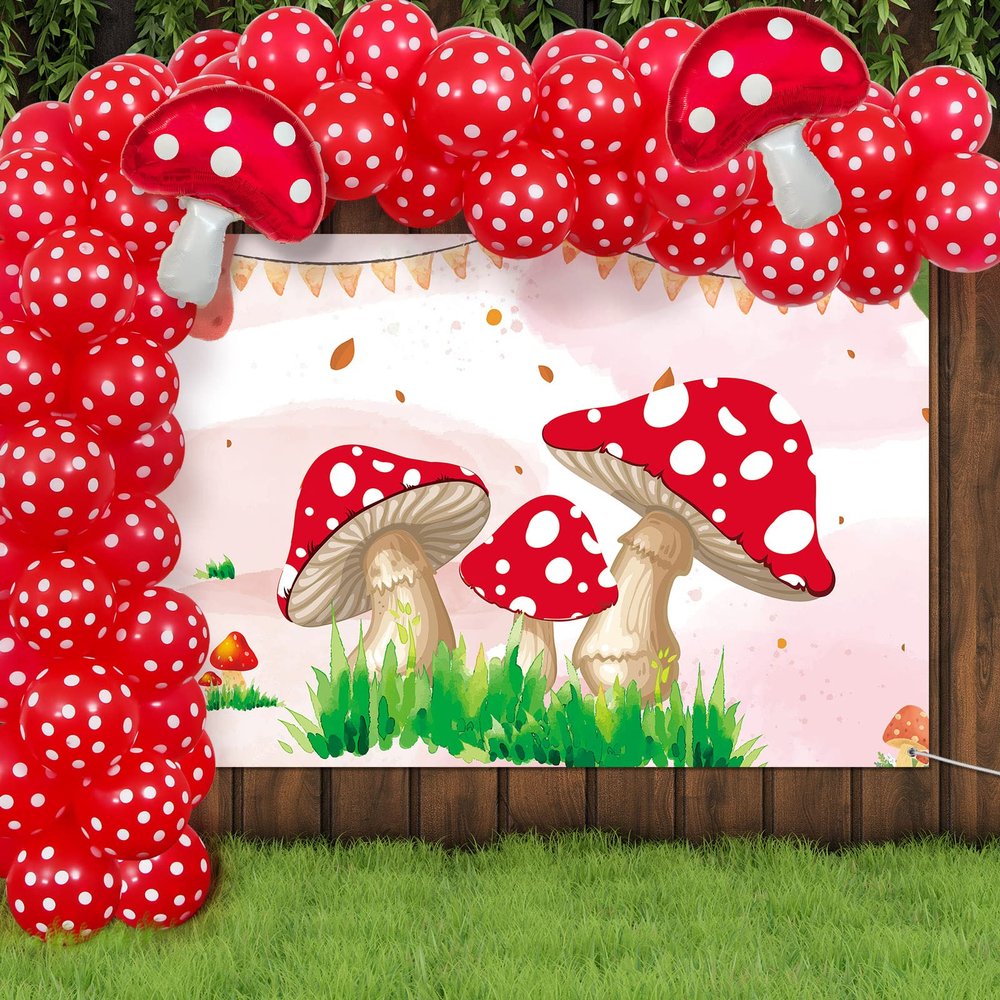 Mixweer 55 Pieces Mushroom Decorations, Include Mushroom Banner, Red and White Dot Garland Arch Kit, Shape Foil Balloons, Themed Party Supplies for Kids Girls