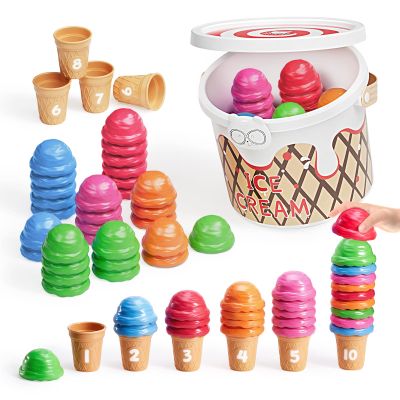 JoyCat Ice Cream Preschool Learning Activities Counting and Color Sorting Set Stacking Toys for Kids 3-5, Educational Fine Motor Skills Toys, 65PCS Math Manipulatives Resources Food for Valentine Gift