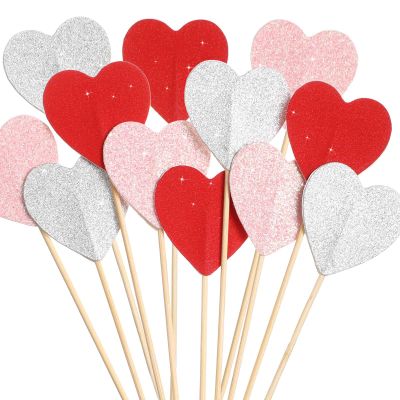120 Pcs Valentine's Day Heart Cupcake Toppers Glitter Love Heart Cupcake Picks Decorations 4.7'' Topper Stick for Valentines Day Wedding Engagement Birthday(Red, Pink, White)