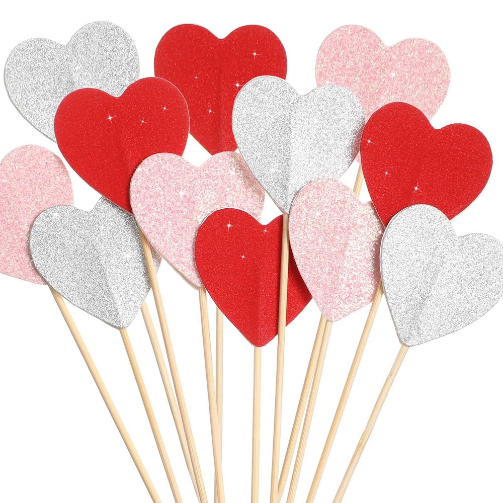 120 Pcs Valentine's Day Heart Cupcake Toppers Glitter Love Heart Cupcake Picks Decorations 4.7'' Topper Stick for Valentines Day Wedding Engagement Birthday(Red, Pink, White)