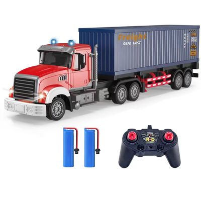 RC Semi Truck with Trailer - 22.5 Inch Semi Truck Toy for Kids, Carrier Van Transport Vehicle with 2 Rechargeable Batteries, 1:24 Container Trucks with LED Lights & Music, Great Gift For Boys Girls