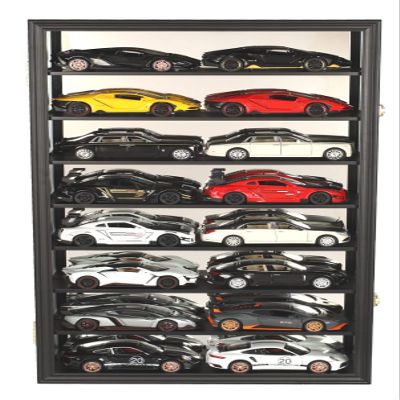1/24 Scale Diecast Display Case Holds 16 Toy Cars 1:24 Scale Compatible with Hot Wheels, UV Protection Door Wall Mount Cabinet Black Finish Frame