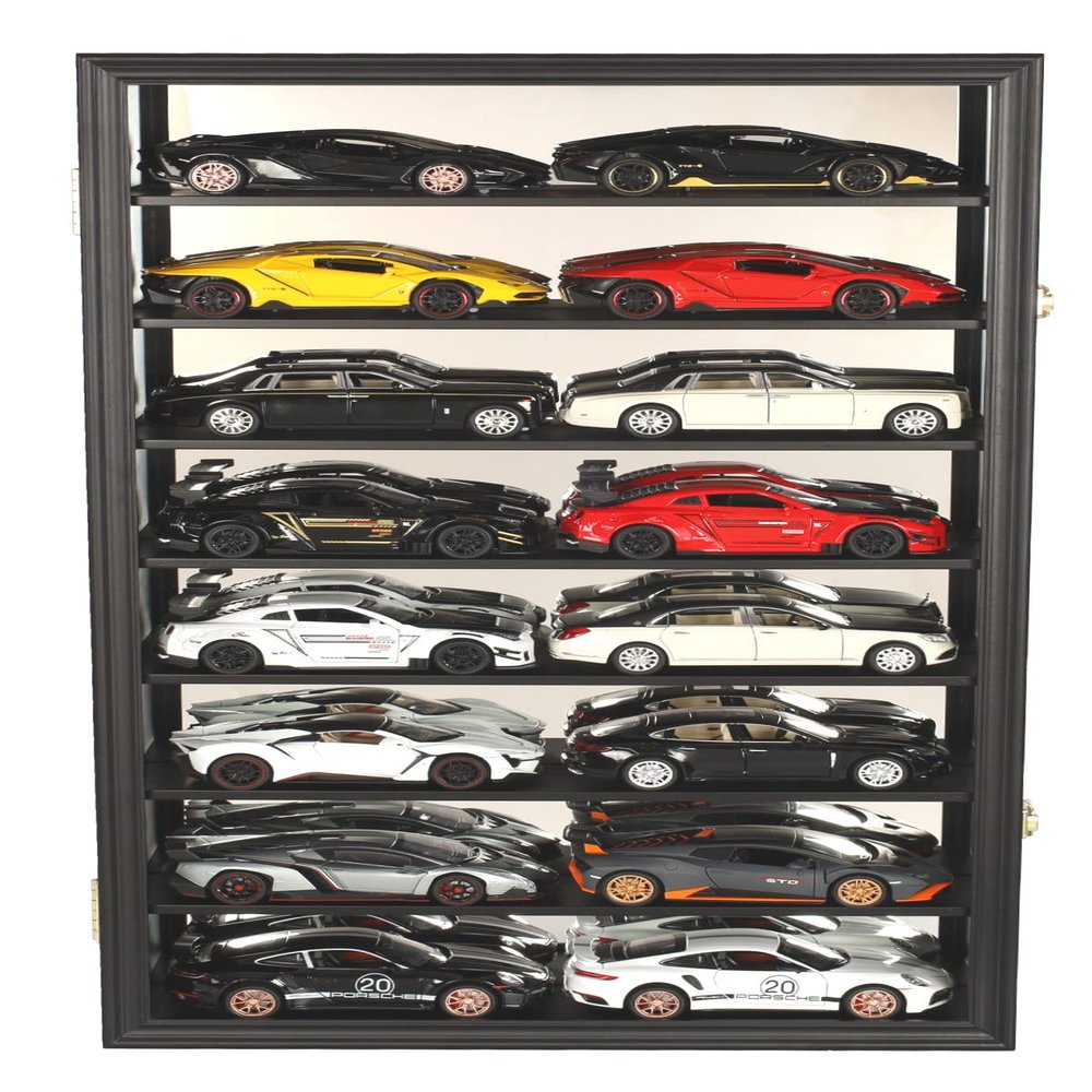 1/24 Scale Diecast Display Case Holds 16 Toy Cars 1:24 Scale Compatible with Hot Wheels, UV Protection Door Wall Mount Cabinet Black Finish Frame