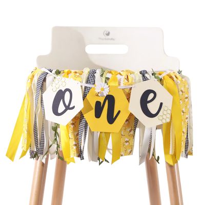 Bee Theme High Chair Banner - Happy 1st Bee Day Birthday Banner, First Birthday Decoration for Boys and Girls, Bumble Be e Themed Bday Party Decoration