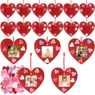 24 Pcs Valentine Picture Frame Craft Kits Heart Felt Photo Frames Ornaments Bulk with 100 Pcs Stickers Glitter Valentines Tree Classroom Hanging Decoration for Kids Pre-School Toddlers