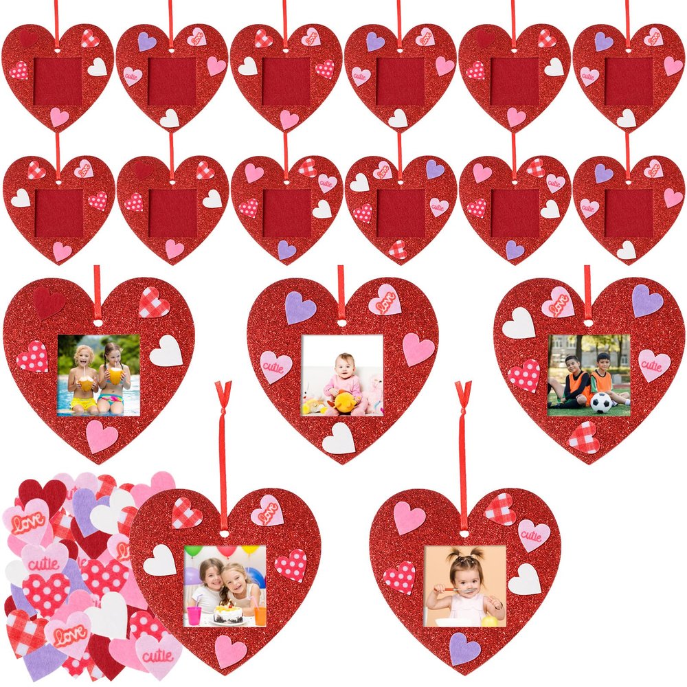 24 Pcs Valentine Picture Frame Craft Kits Heart Felt Photo Frames Ornaments Bulk with 100 Pcs Stickers Glitter Valentines Tree Classroom Hanging Decoration for Kids Pre-School Toddlers
