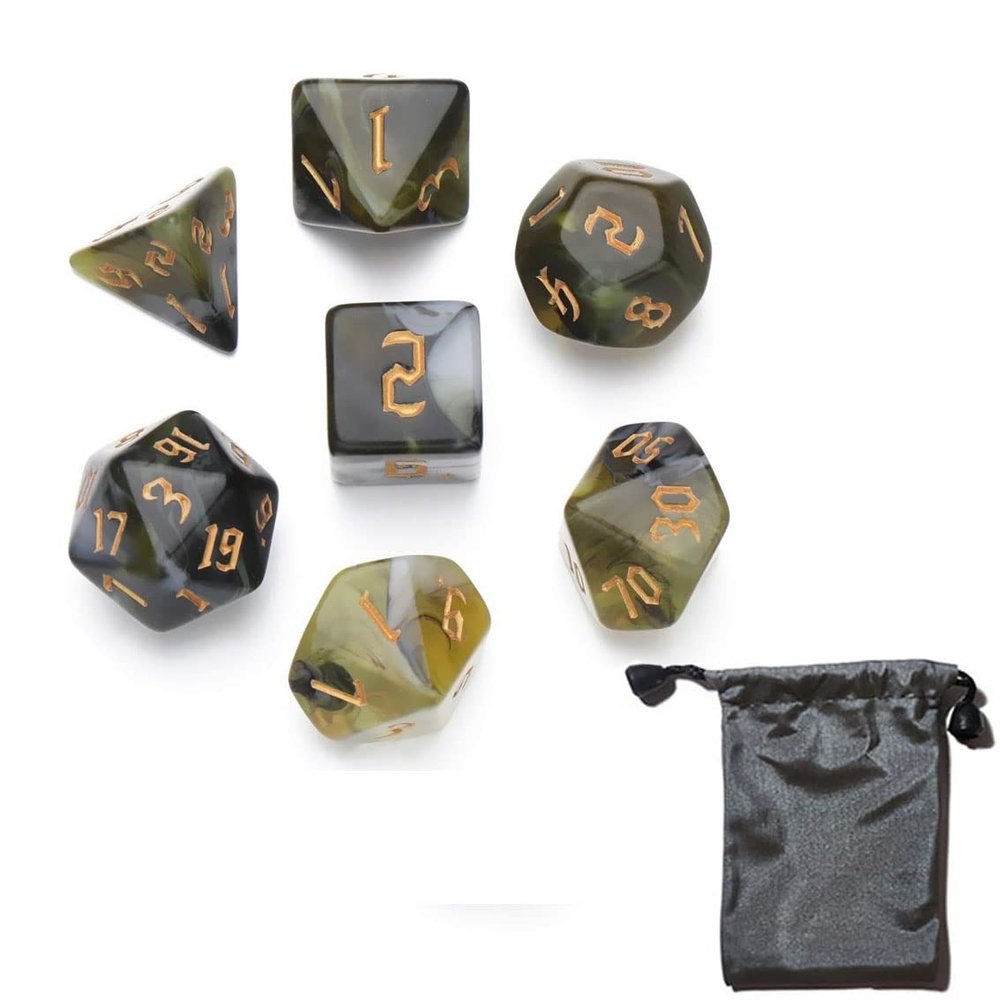 7pcs/Set D4 D6 D8 D10 D12 D20 Dichromatic Polyhedral Dices for Beginner Role Playing Game D&D Dice Set Party Table Board Game Supplieswith A Silver Pouch(YellowBlack)