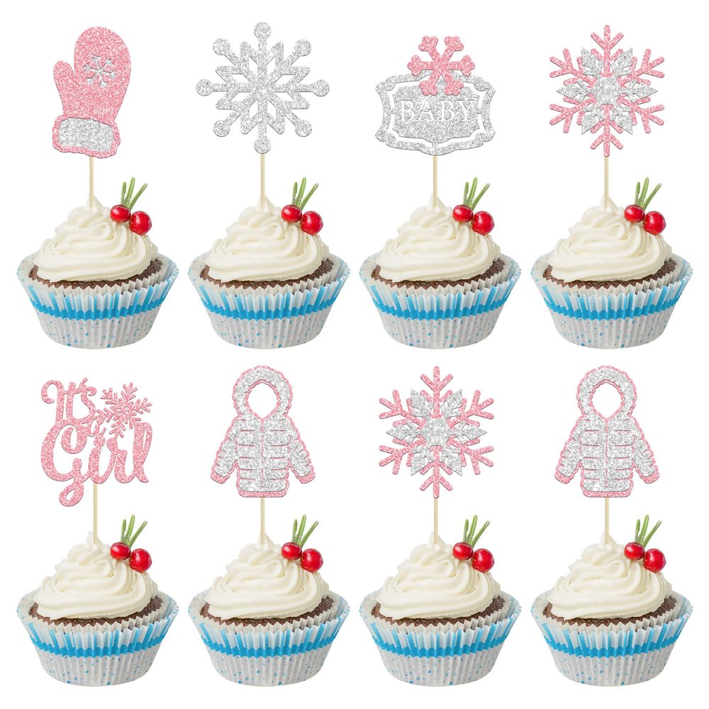 24 Pcs Oh Baby Silver Glitter Snowflake Cupcake Toppers - Frozen It's a Girl & Boy Party Decorations for Winter Onederland Babyshower Birthday