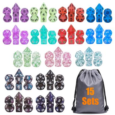 10mm Mini DND Dice Set,15 Sets Polyhedral RPG Dice (105pcs) for MTG,RPG,D&D Dungeons and Dragons Role Playing Game.(Transparent Glitter)