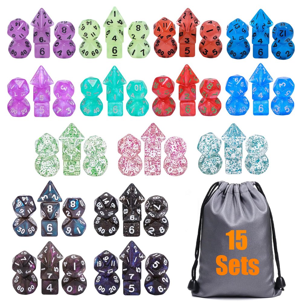 10mm Mini DND Dice Set,15 Sets Polyhedral RPG Dice (105pcs) for MTG,RPG,D&D Dungeons and Dragons Role Playing Game.(Transparent Glitter)