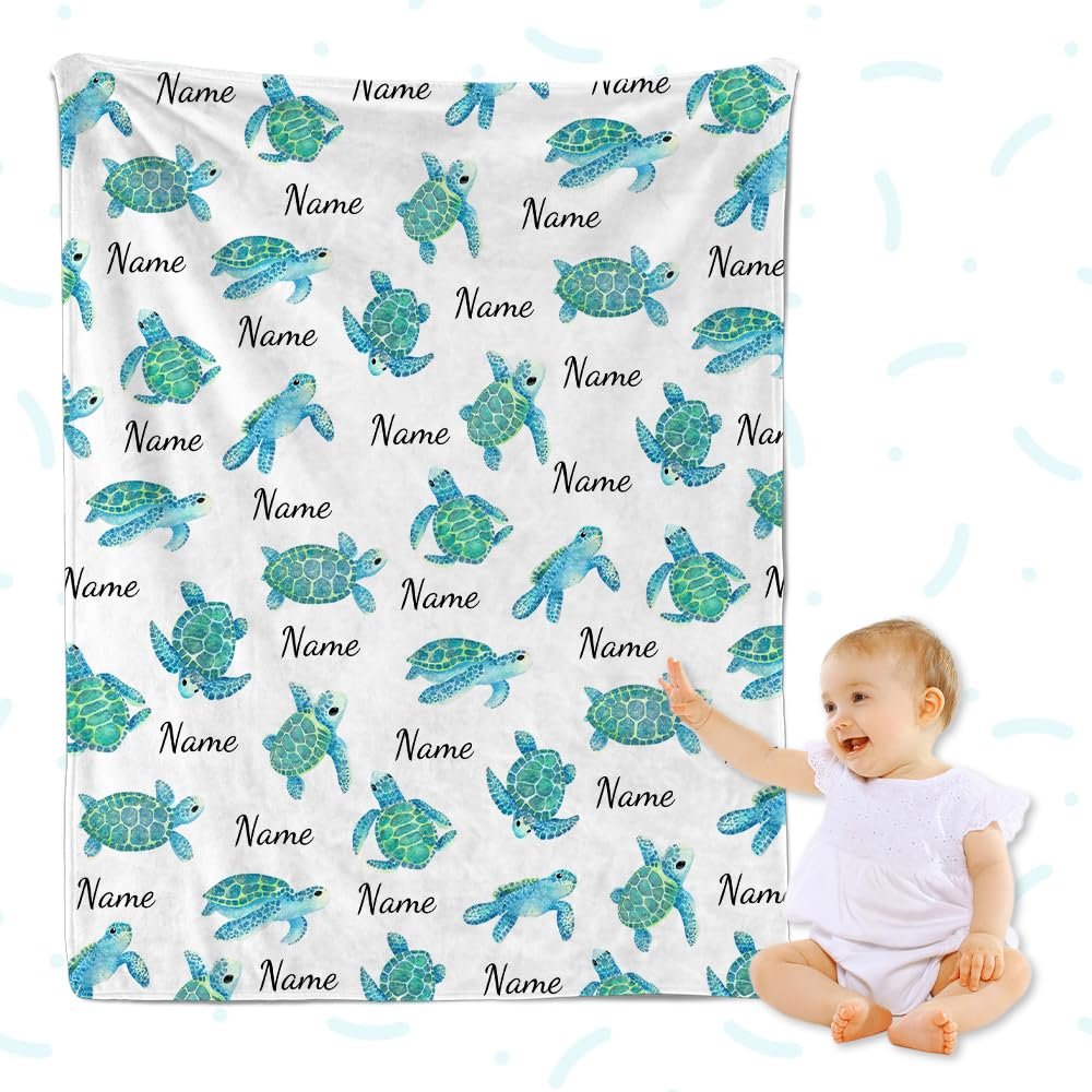 ARNOVIC Personalized Blanket with Sportsman Turtle Custom Baby Name Blanket for Girl Boy Sea Turtle Customized Baby Blanket with Name for Toddler Newborn, 40"x50" for Kids/Child - S