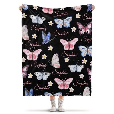 ARNOVIC Personalized Custom Name Butterfly Baby Blanket for Girl Boy - Customized Toddler Newborn Gift for Birthday Christmas - 30"x40" Crib Size - XS