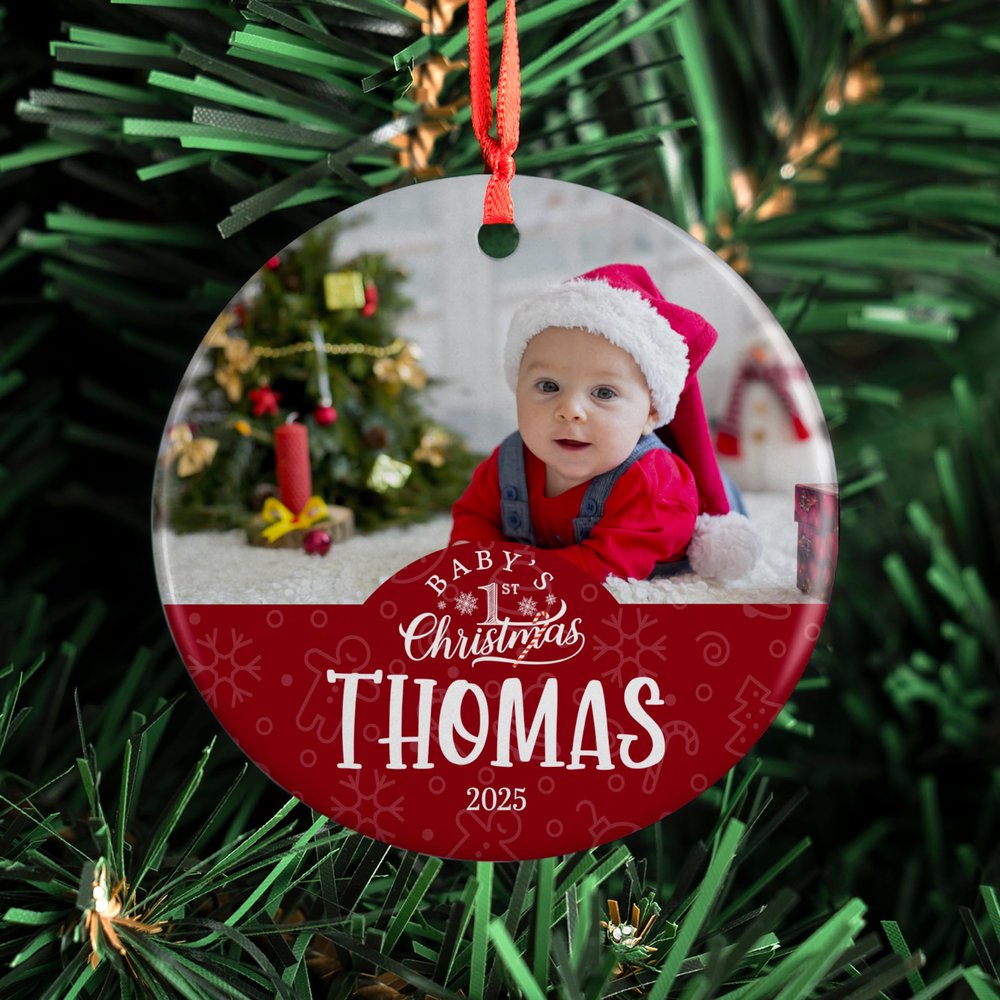 Babys First Christmas 2025, Personalized Photo Ornament, 3 Inches - Round - Upload Photo - Custom W/Name - My First Christmas Photo Baby Ornament, Christmas Ornament for Newborns - D6