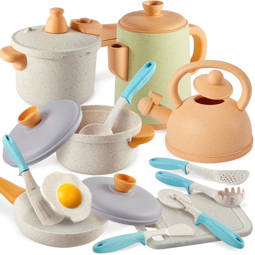 BUYGER Kids Play Kitchen Toys Accessories, Pretend Play Cooking Cookware Set Kitchen Pots and Pans Utensils Playset Christmas Gifts for Kids Girls Boys Toddler Ages 3-5+ Years Old