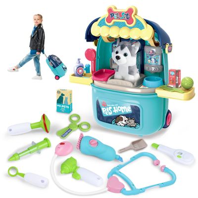 MAGIC4U Pet Cat Care Carrier Suitcase Toy, 29PCS Doctor Vet Kit for Kids, Pet Dog Grooming Feeding Toys, Veterinarian Pretend Play Set, Gifts for Boys and Girls Ages 3-12