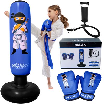 Punching Bag for Kids - 5' 3" Ninja Inflatable Punching Bag Combo Kit with Kids Boxing Gloves, a Pump and Repair Kit. Boxing Bag for Immediate Bounce Back. Birthday (Blue)