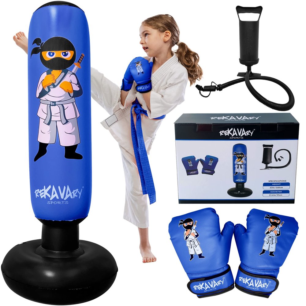 Punching Bag for Kids - 5' 3" Ninja Inflatable Punching Bag Combo Kit with Kids Boxing Gloves, a Pump and Repair Kit. Boxing Bag for Immediate Bounce Back. Birthday (Blue)