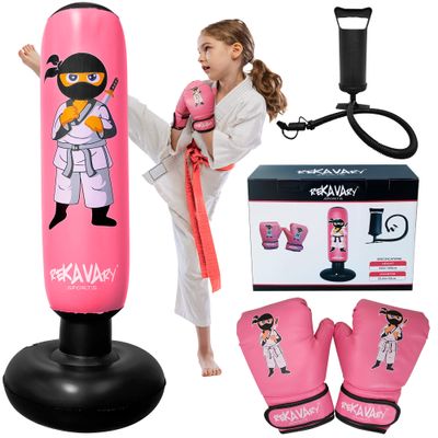Pink Inflatable Punching Bag for Kids Complete with Boxing Gloves and Pump. for immediate Bounce Back for Practicing Mixed Martial Arts, Boxing, Taekwondo, Karate. Perfect Toy for Girls 4-12