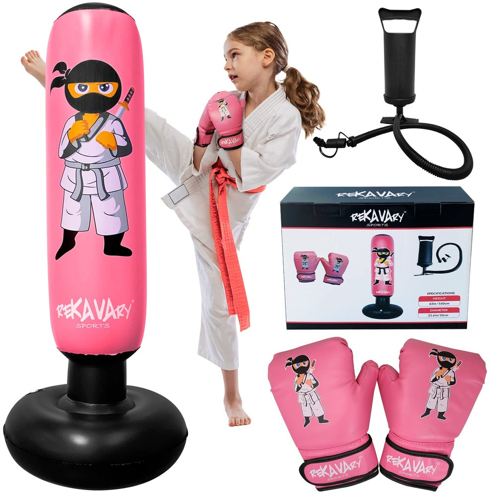Pink Inflatable Punching Bag for Kids Complete with Boxing Gloves and Pump. for immediate Bounce Back for Practicing Mixed Martial Arts, Boxing, Taekwondo, Karate. Perfect Toy for Girls 4-12