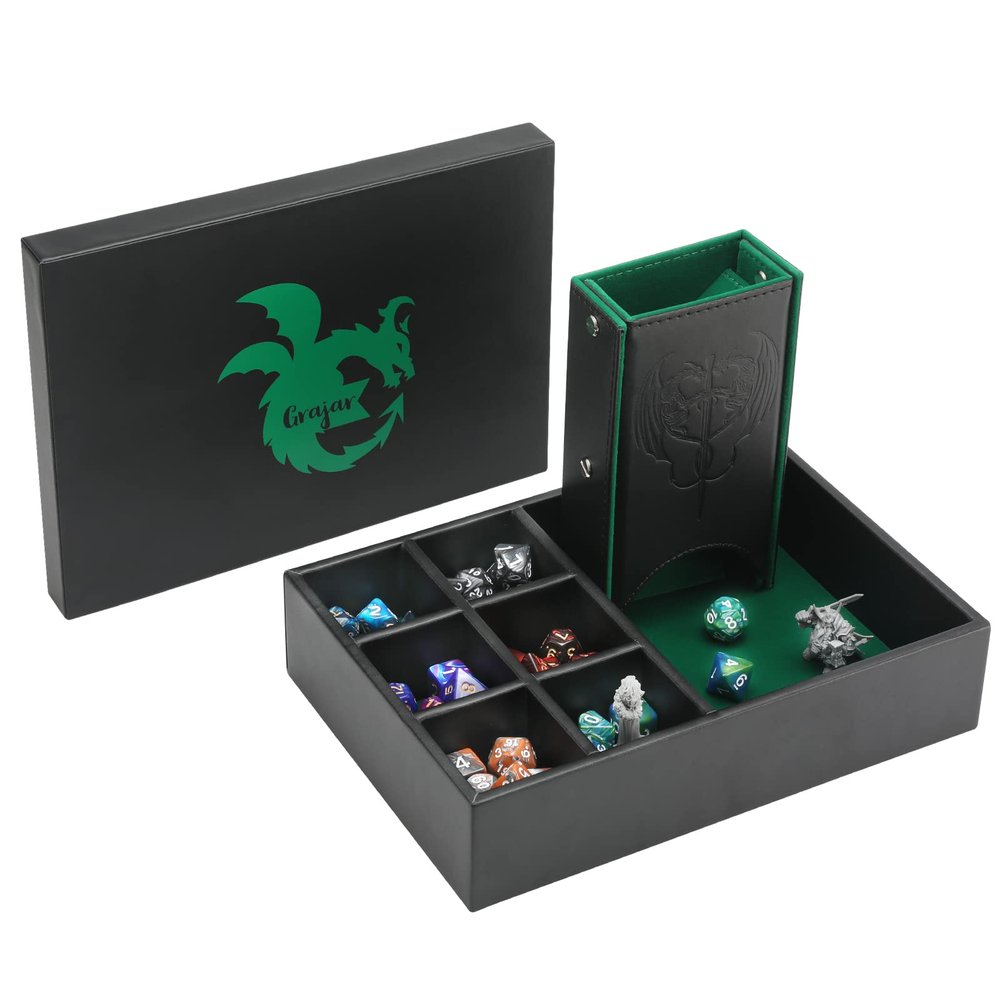 Grajar 3 in 1 Dice Tray with Lid, Portable Dice Box Storage, D&D RPG MTG Table Games (Green)