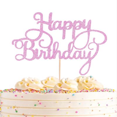 AHAORAY Happy Birthday Cake Topper - Pink Glitter Happy Birthday Cake Bunting Decor - Anniversary Party Cake Decoration Supplies, for Photo Booth Props