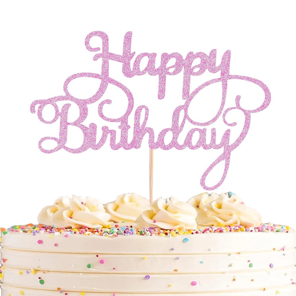 AHAORAY Happy Birthday Cake Topper - Pink Glitter Happy Birthday Cake Bunting Decor - Anniversary Party Cake Decoration Supplies, for Photo Booth Props