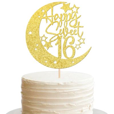 1 PCS Sweet 16 Cake Topper with Glitter Moon Star Happy 16th Birthday Cake Pick Cheers to 16 Years Birthday Cake Decorations for 16th Anniversary Party Supplies Gold
