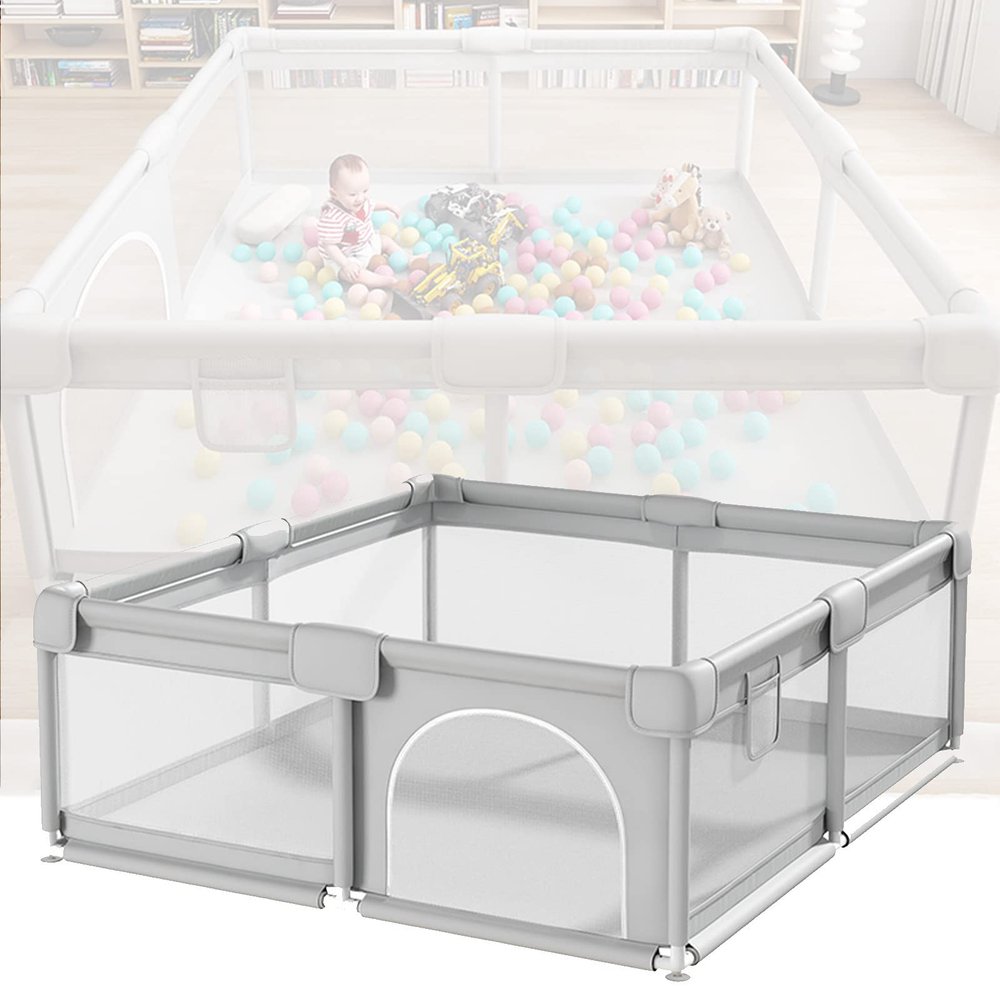 Jolan Baby Playpen, Large Safety Playard for Toddlers, Baby Fence with Breathable Net and Zipper Door, Indoor Outdoor Kids Activity Center Playpen 120120cm 120160cm 180200cm,Grey-180200cm