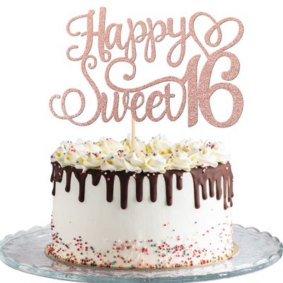 1 PCS Happy Sweet 16 Cake Topper Glitter 16th Birthday Cake Pick Cheers to 16 Years Birthday Cake Decoration for Happy 16th Anniversary Party Decorations Supplies Rose Gold
