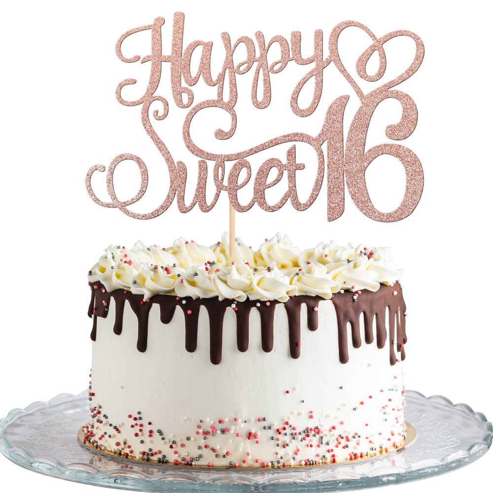 1 PCS Happy Sweet 16 Cake Topper Glitter 16th Birthday Cake Pick Cheers to 16 Years Birthday Cake Decoration for Happy 16th Anniversary Party Decorations Supplies Rose Gold