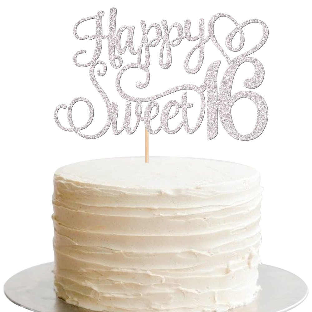1 PCS Happy Sweet 16 Cake Topper Glitter 16th Birthday Cake Pick Cheers to 16 Years Sweet 16 Cake Decoration for Happy 16th Anniversary Party Decorations Supplies Silver