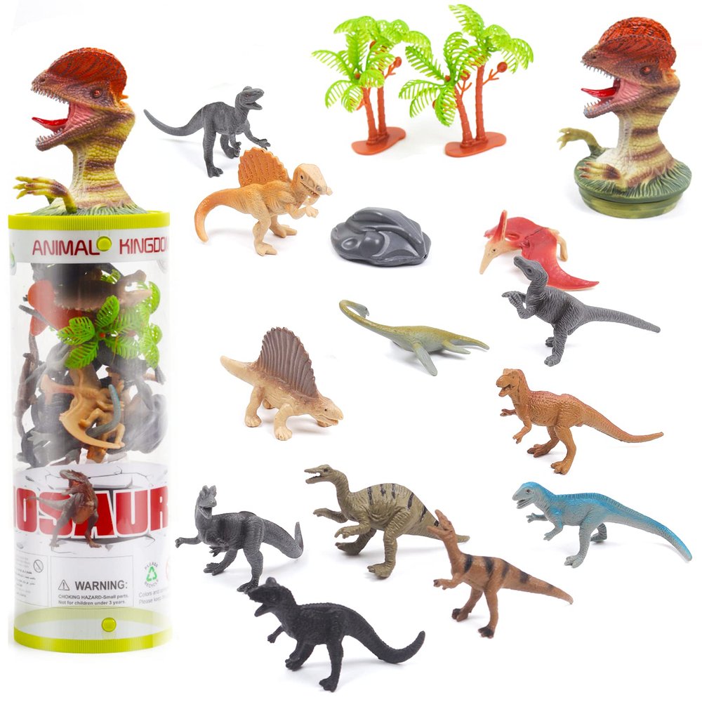 UNIQUE KIDS Mini Safari Dinosaurs Figure Creatures in Tube 15 pcs Set | Realistic Tiny Little Animals for Sensory Bin, Birthday Party Favor, Toddler 3-5 (Safair Dinosaurs)