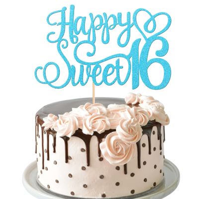 1 PCS Happy Sweet 16 Cake Topper Glitter 16th Birthday Cake Pick Cheers to 16 Years Cake Decoration for Happy 16th Birthday Anniversary Party Decorations Supplies Blue