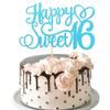 1 PCS Happy Sweet 16 Cake Topper Glitter 16th Birthday Cake Pick Cheers to 16 Years Cake Decoration for Happy 16th Birthday Anniversary Party Decorations Supplies Blue view 1