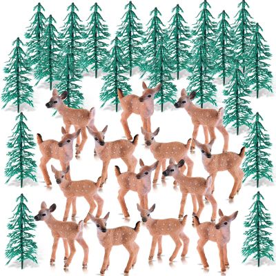 34 Pieces Deer Figures and Model Trees Miniature Deer Figurines for Crafts Woodland Animals Deers Toys Realistic Mini Deers Figurines Cake Toppers for Christmas Party Decor