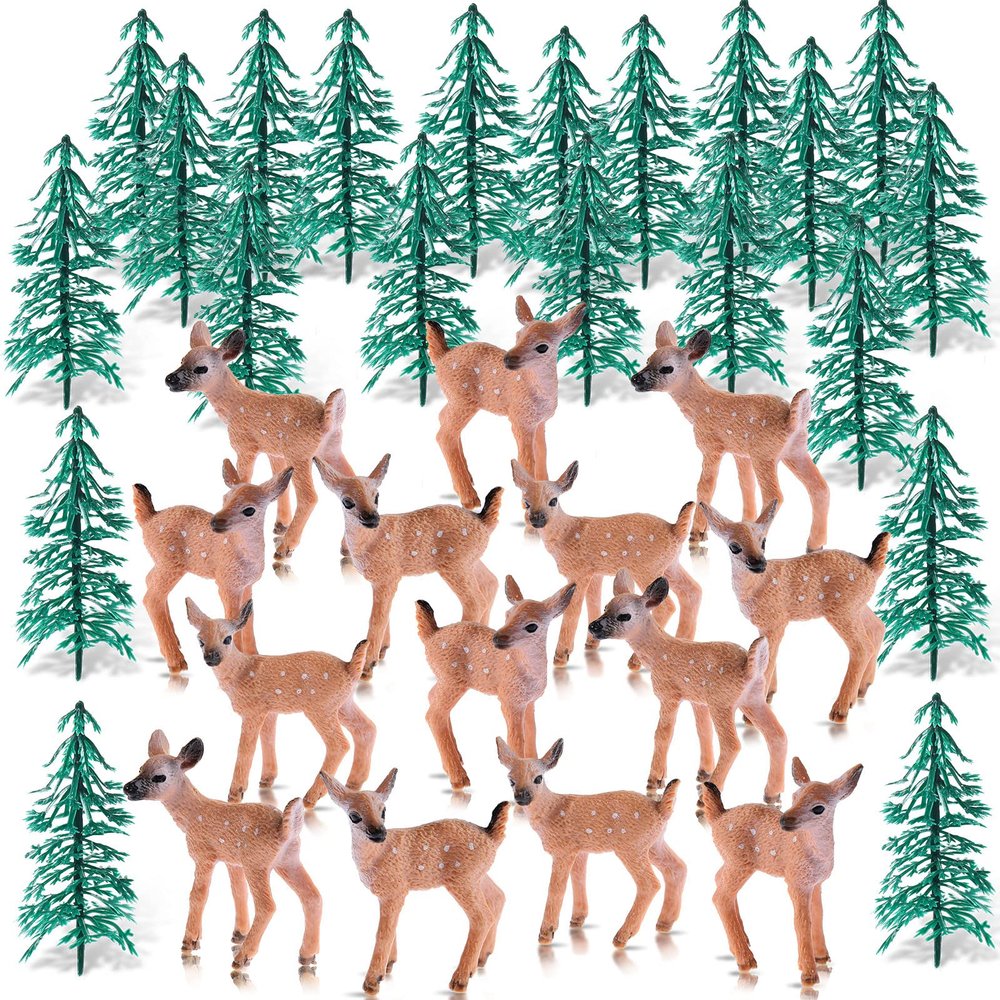 34 Pieces Deer Figures and Model Trees Miniature Deer Figurines for Crafts Woodland Animals Deers Toys Realistic Mini Deers Figurines Cake Toppers for Christmas Party Decor