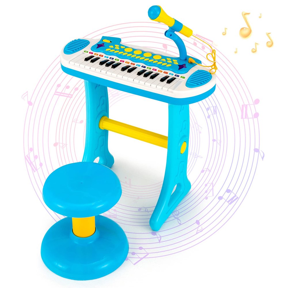 Costzon 31-Key Kids Piano Keyboard Toy, Toddler Electronic Musical Instrument Educational Toy w/Microphone, Multiple Sounds, Record Playback, Lights & Stool, Birthday Gift for Girls Boys Age 3+, Blue