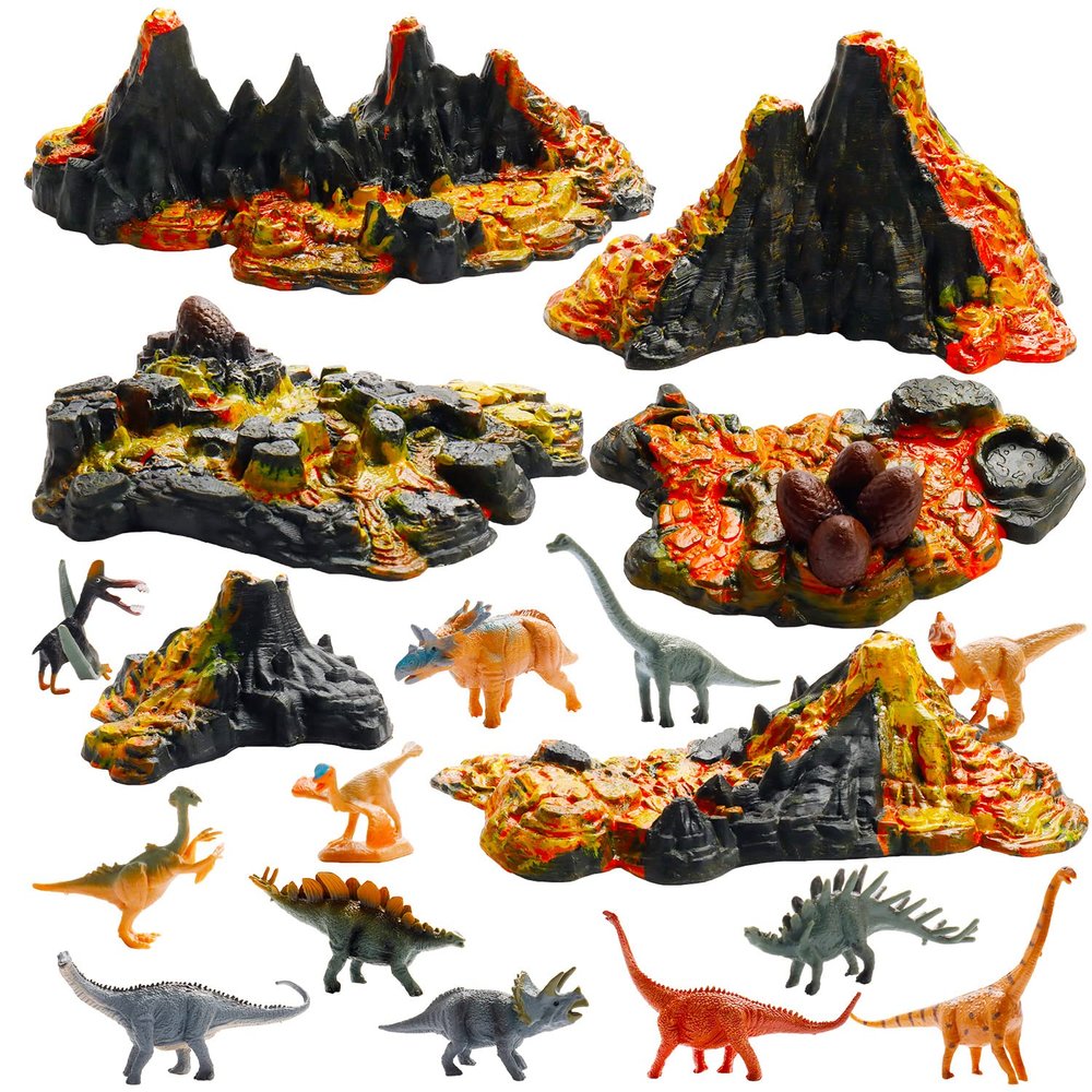 Aydinids 6 Pcs Mini Volcano Model with 12 Pcs Mini Dinosaur Figurines Plastic Dinosaurs Figurines Artificial Volcano Set for Dinosaur Cake Topper Birthday Gifts Party Supplies